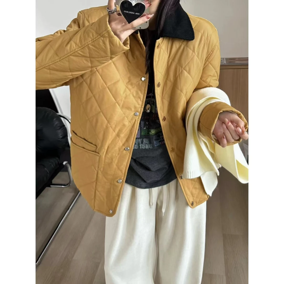 SP【拿铁不加糖】美式复古拼色菱格羽绒外套轻短款气质百搭休闲外套