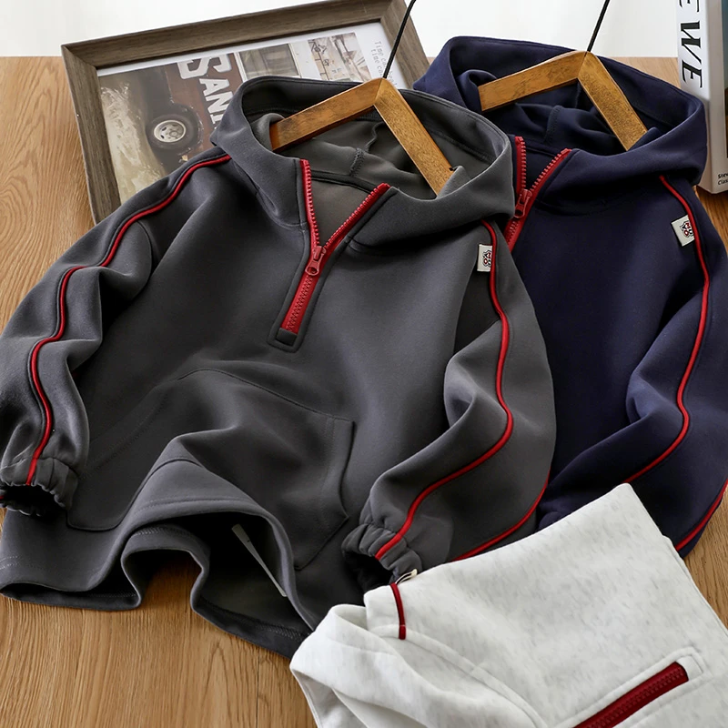 男童春秋款半拉链连帽卫衣2025新款儿童秋季运动上衣中大童衣服潮