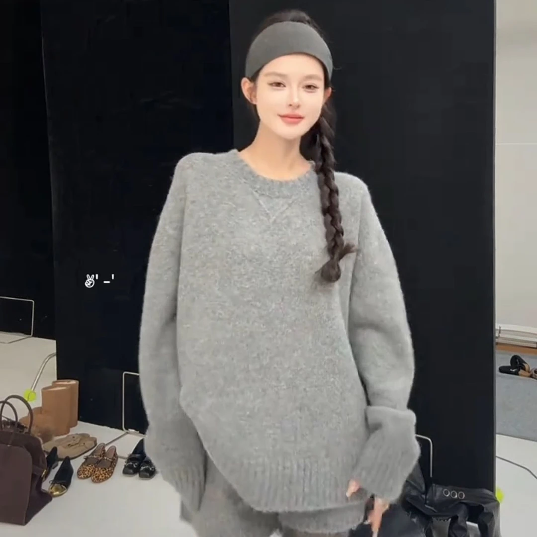慵懒风套头针织衫宽松毛衣秋冬辣妹圆领高腰灰色短裤两件套套装女