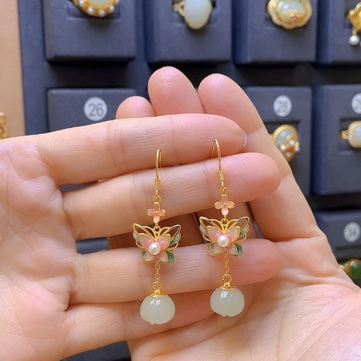 和田玉银S925镀金镶嵌耳饰