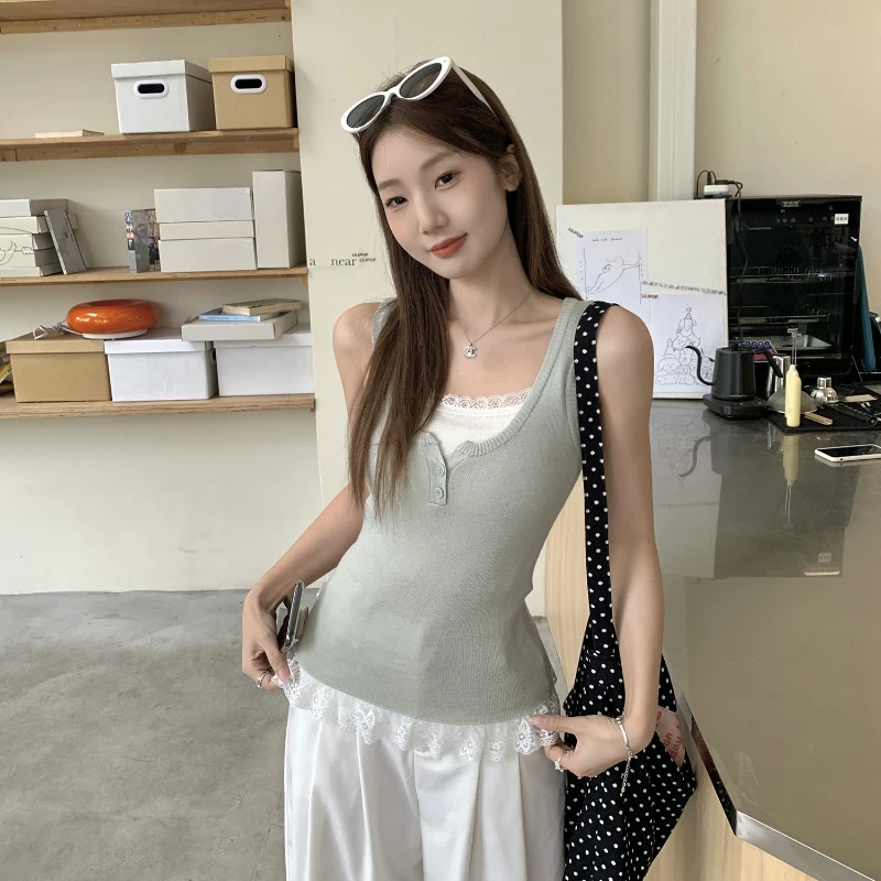 夏季多巴胺穿搭假两件背心时尚洋气修身针织吊带外穿无袖上衣女装