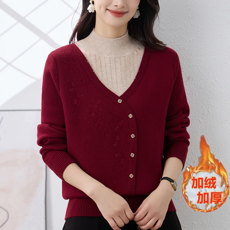 妈妈秋冬针织打底毛衣新款假两件加厚宽松中老年上衣洋气针织衫