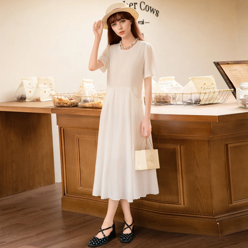 谜底连衣裙短袖女2025夏季新款极简风纯色中长裙大摆裙256ML6503