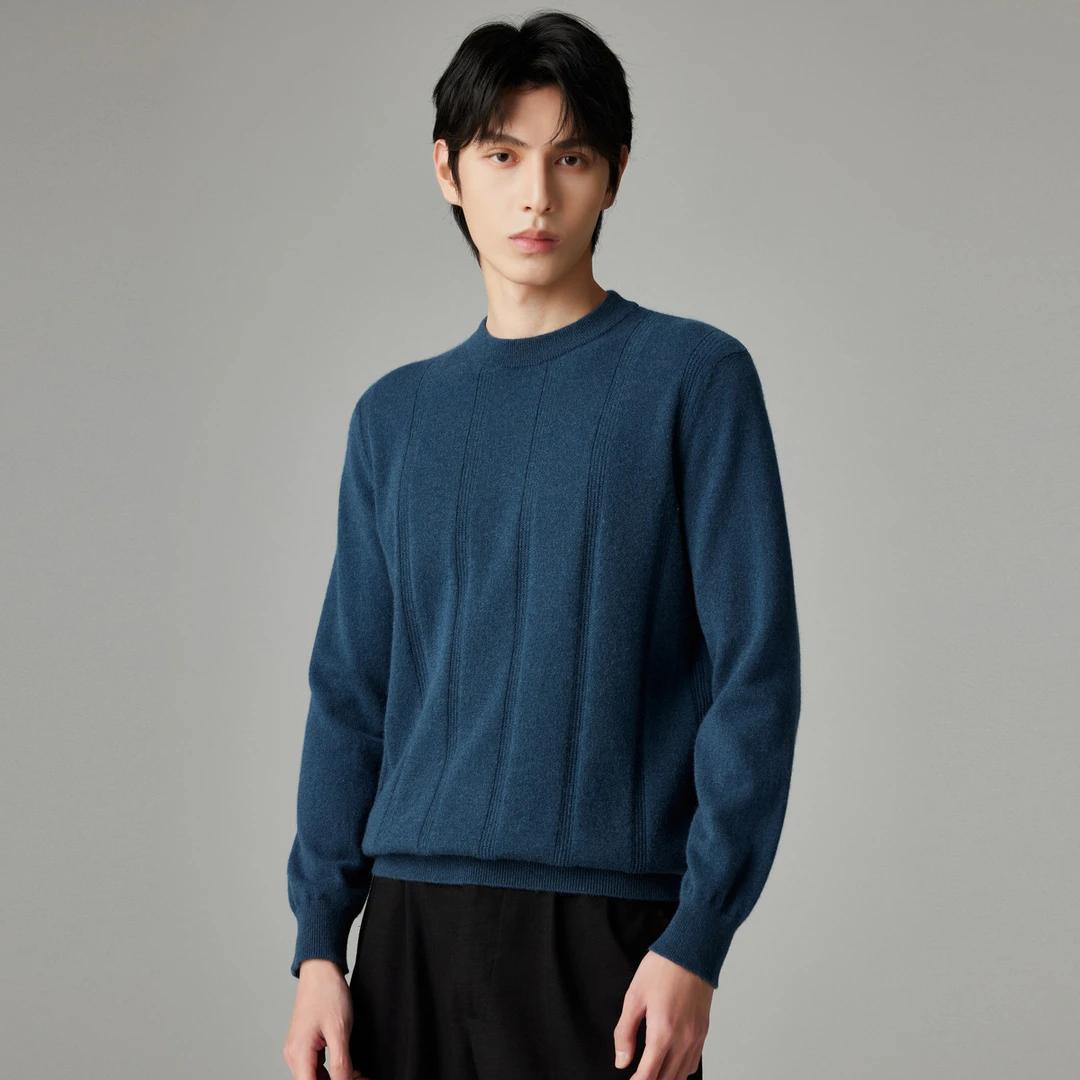 PALUOPO/帕罗山羊绒圆领坑条纹百搭商务休闲厚羊绒衫男ET23263R