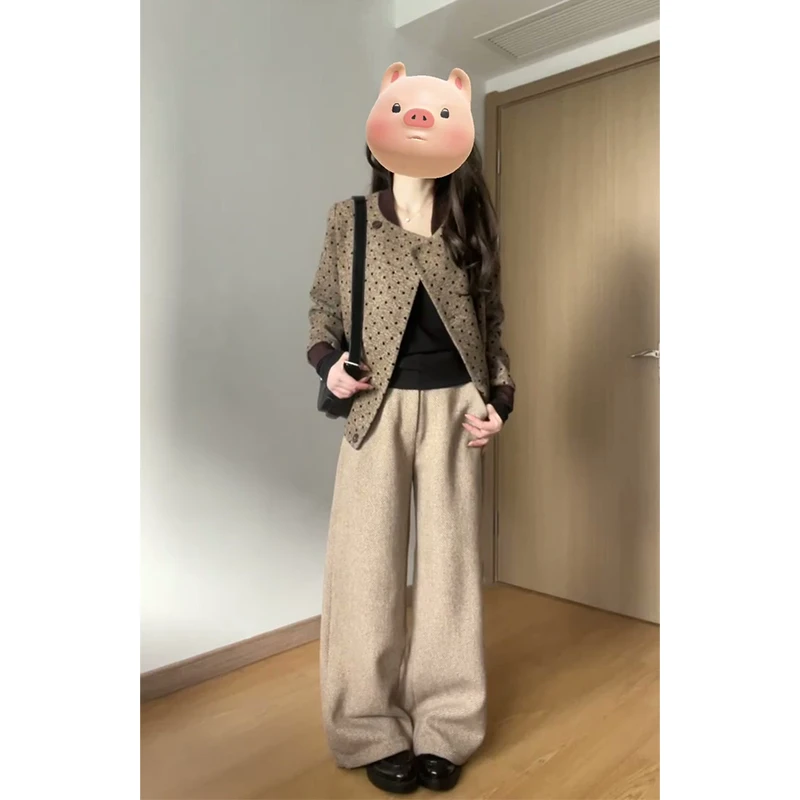 2025秋季新款女法式气质拼接修身波点外套百搭高腰显瘦阔腿长裤