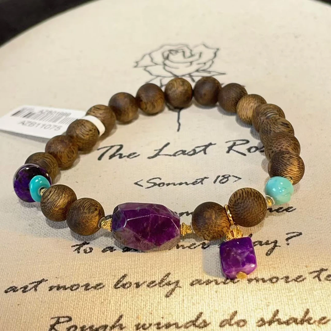 沉香沉香奇楠舒俱来圆珠紫丝绒钻切单圈手串18k（橙心）AZB11075