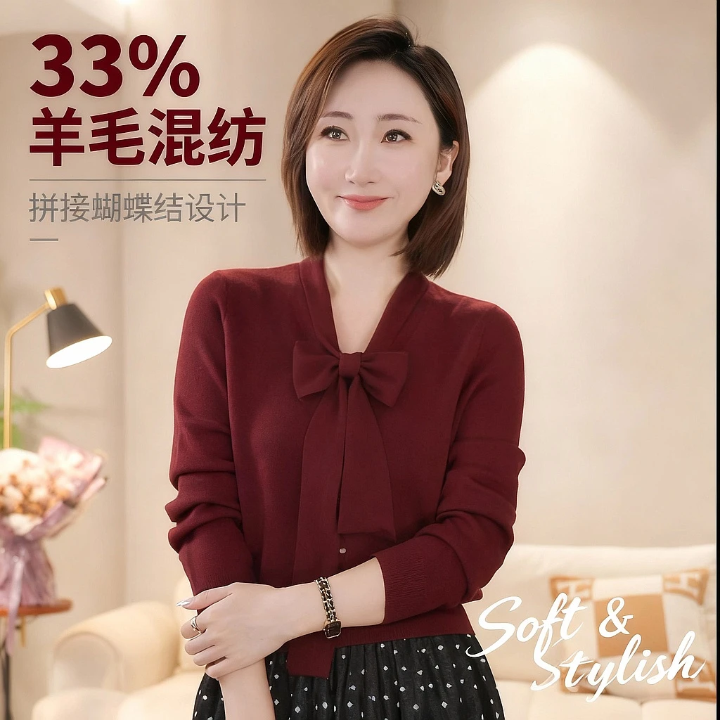 【双姐】秋季厚款百搭毛针织衫冬季女装拼接打底衫蝴蝶结JH1034
