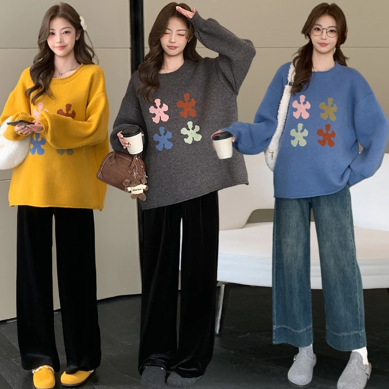 【优质款】孕妇装花朵套头毛衣2025秋冬新款软糯慵懒可爱风宽松上衣