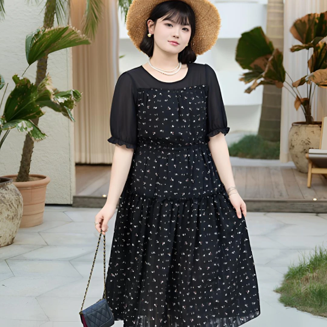 2025年夏季新品法式优雅淑女风大码女装胖mm加两件显瘦修身长裙