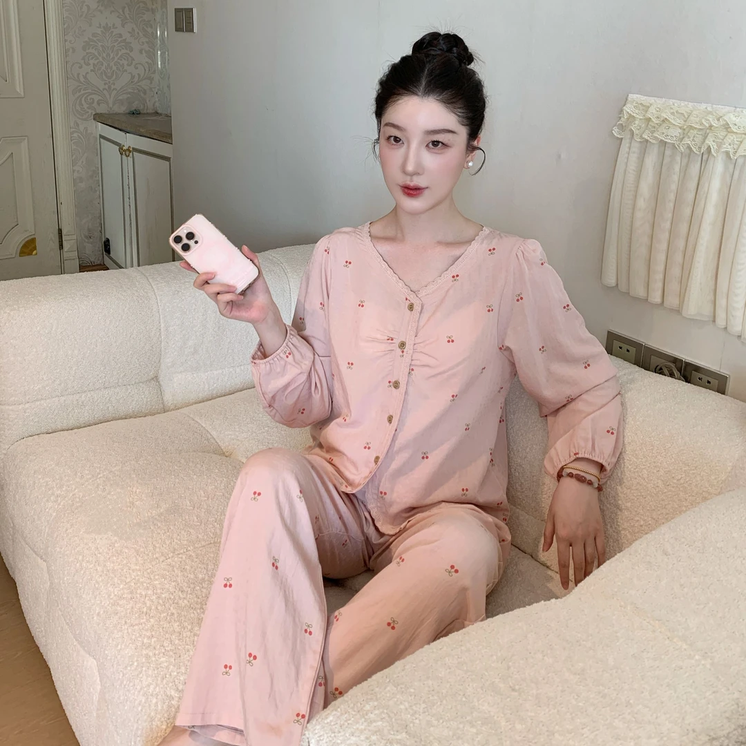 素素【樱桃日记】长袖长裤纯欲显瘦春秋季女套装法式睡衣