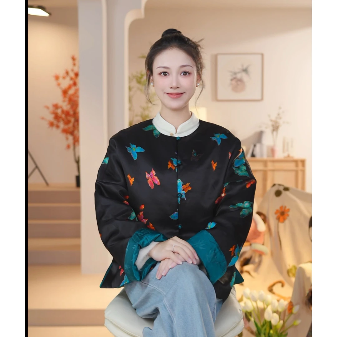 【重锻香云纱！蝶墨】90白鹅绒新中式国风桑蚕丝双面穿加绒加厚款