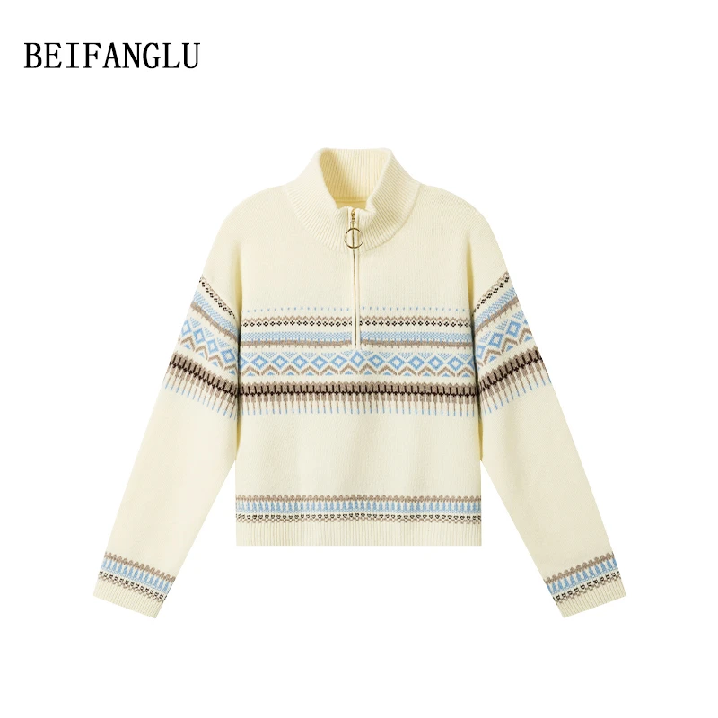 北方鹿【费尔岛提花】秋冬立领半拉链百搭显瘦宽松羊毛针织衫251498