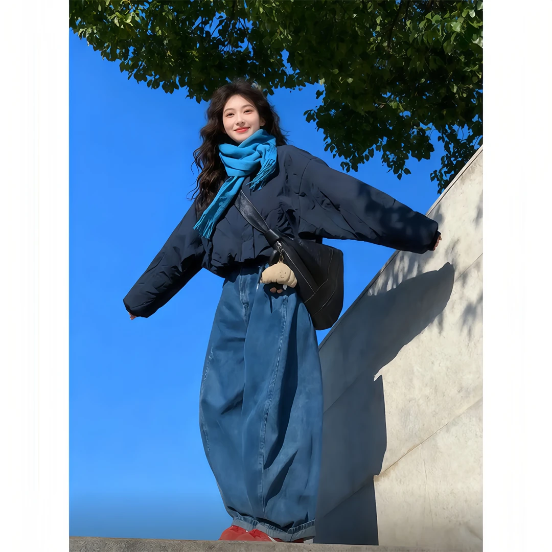 2025冬季新款韩版夹棉外套高腰阔腿长裤女时尚套装