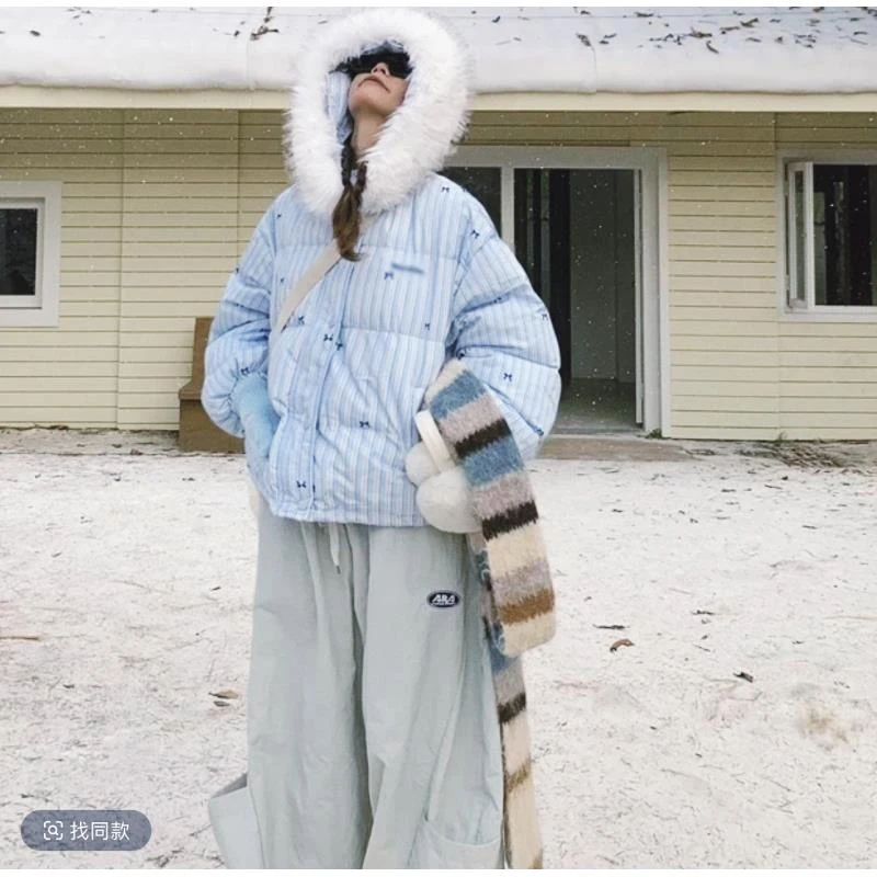 2024美式2毛领甜美蝴蝶结连帽棉服小个子短款宽松学生加厚保暖