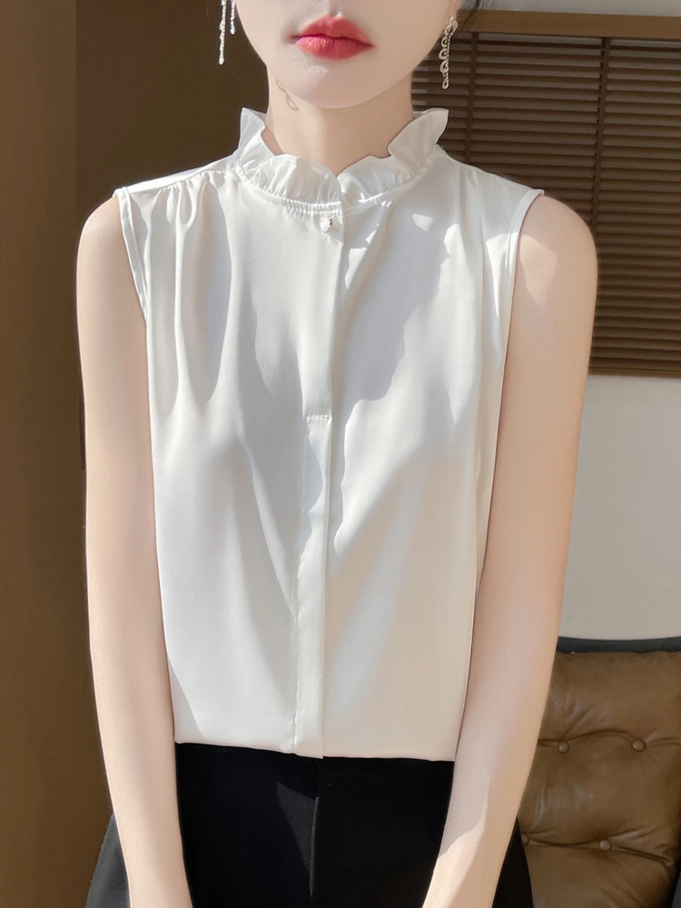 F36女士木耳无袖衬衫打底设计感气质白色上衣百搭洋气吊带