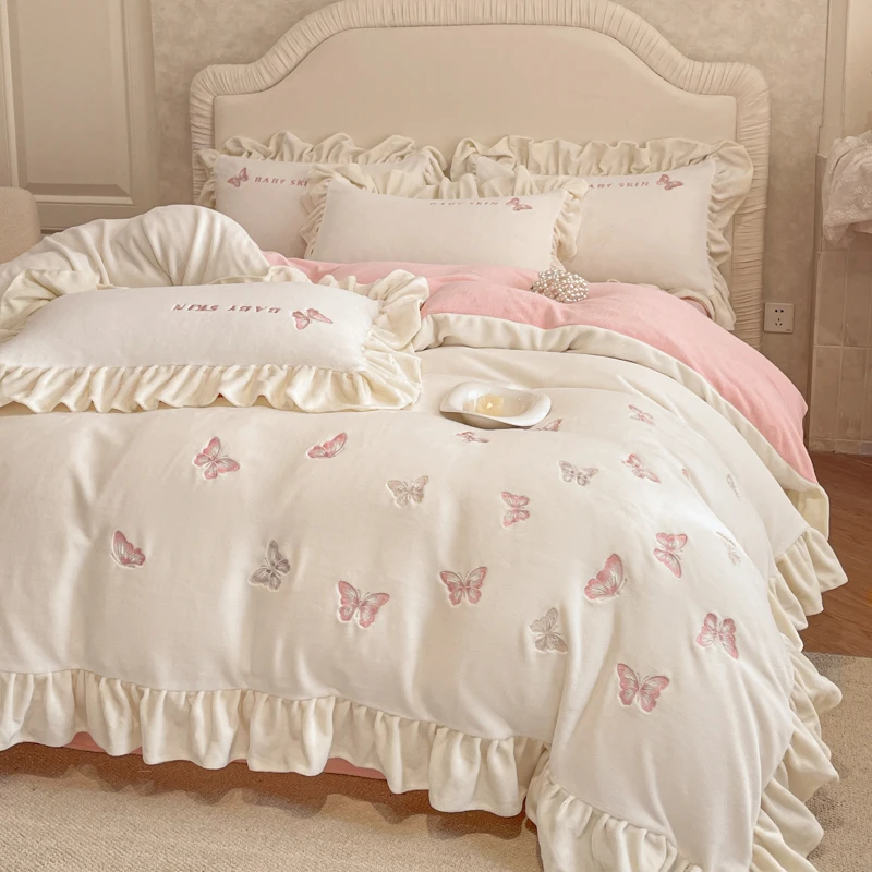 绣花加厚加绒花边款牛奶绒宝宝绒四件套床上用品被套双面绒