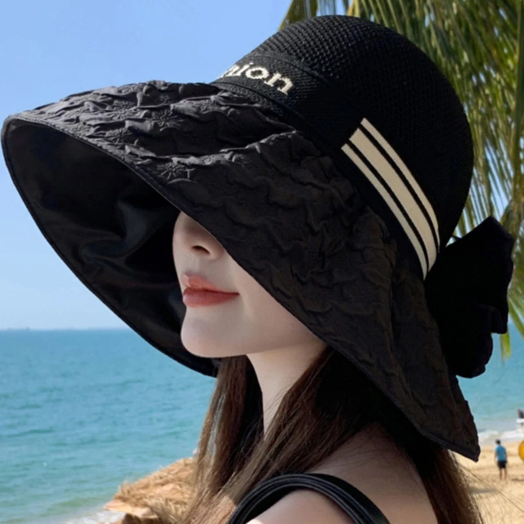 黑胶字母大帽檐防晒帽女2025新款夏季遮脸遮阳帽可扎马尾太阳帽子