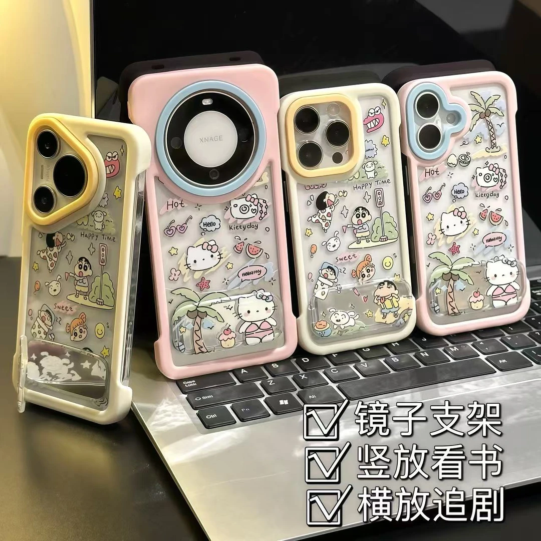 椰树kitty小新支架适用苹果16promax无边框手机壳iPhone华为小米
