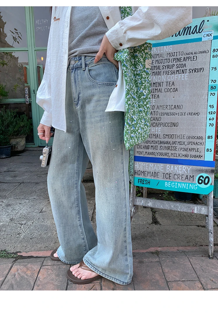 【西西里安】春夏设计款Bling烫钻牛仔裤女显瘦直筒长裤