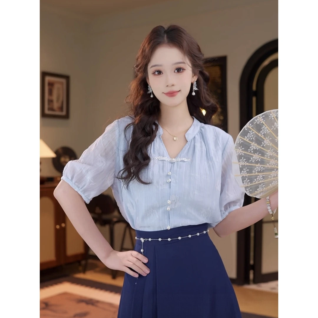 莹莹  【雾光链】25年新款气质百搭复古设计时尚短袖衬衫#4648