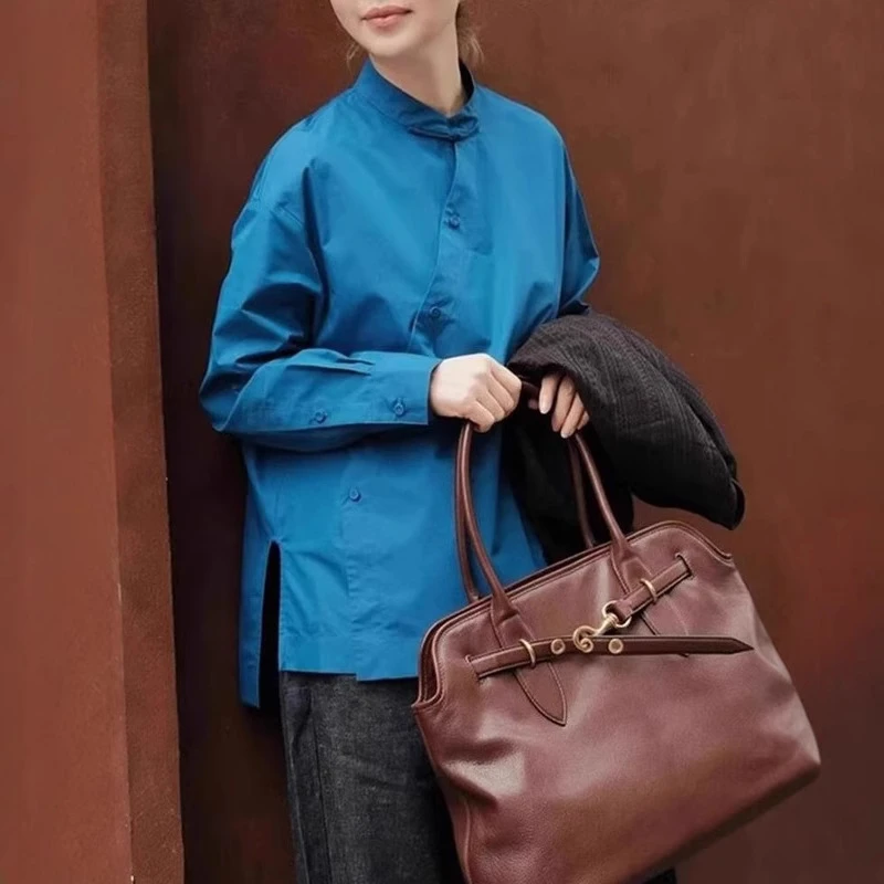 中式蓝色立领斜襟长袖衬衫女夏季薄款设计感小众独特气质宽松衬衣