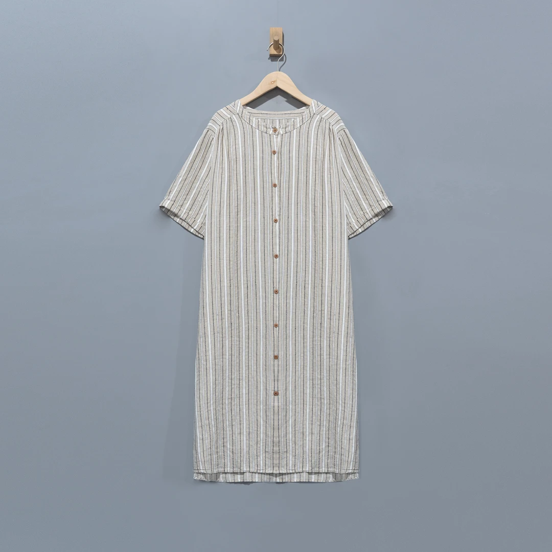 【且听风吟】0314168高货亚麻圆领条纹百搭连衣裙 衣长112胸围140