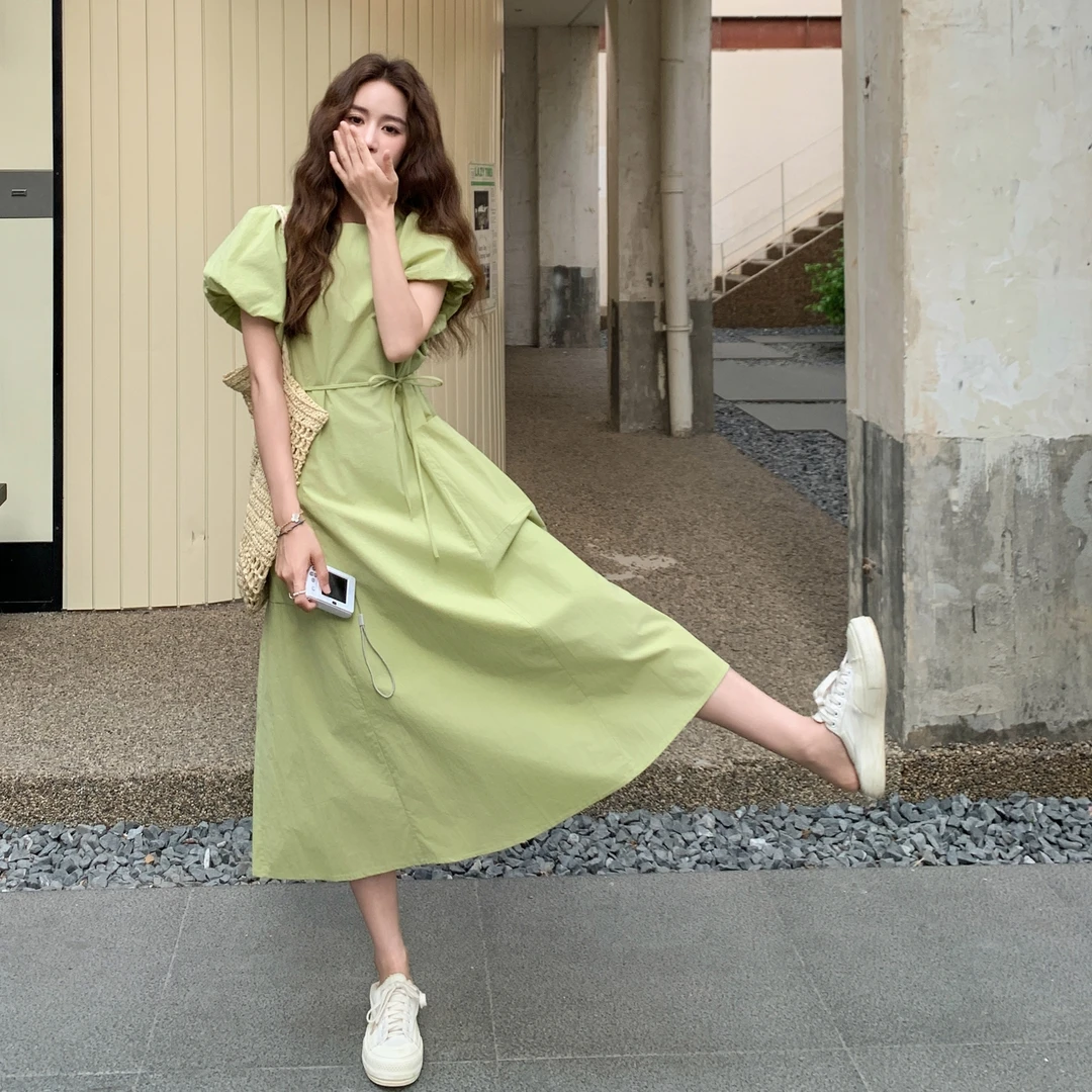 法式小清新泡泡袖连衣裙女2025夏季新款独特别致系带收腰及踝长裙