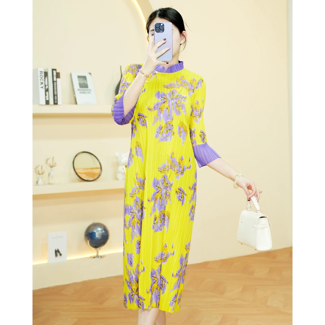 春装连衣裙复古印花减龄改良旗袍显瘦开叉长裙