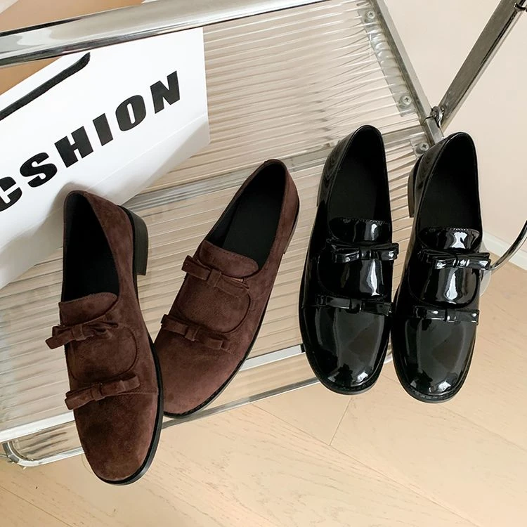 2.5cm/5cm2025新款蝴蝶结一脚蹬乐福鞋英伦小皮鞋粗跟真皮单鞋女