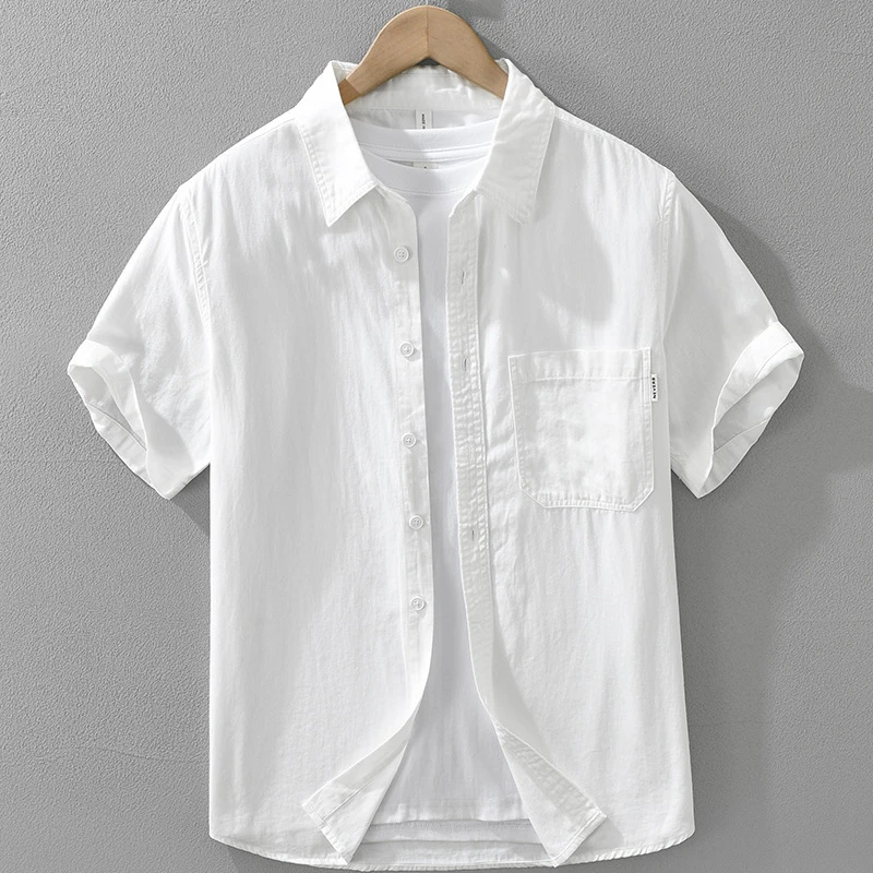 简约百搭纯女短袖衬衫男夏季日系复古休闲亲肤宽松有口袋翻领寸衣