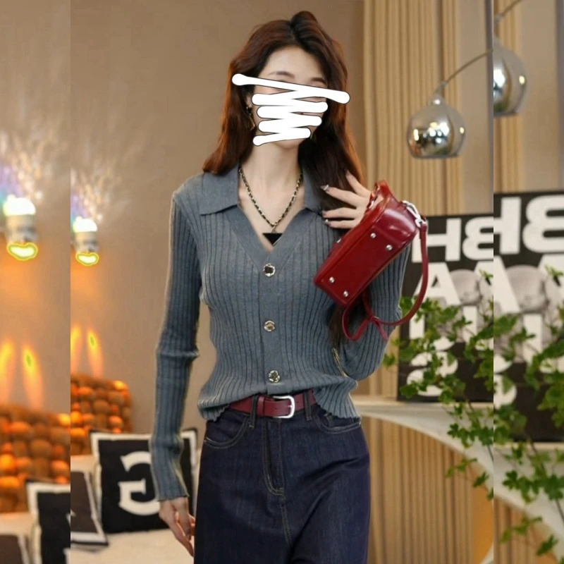 小众设计感V领长袖针织衫女秋冬款洋气修身显瘦小个子打底衫上衣