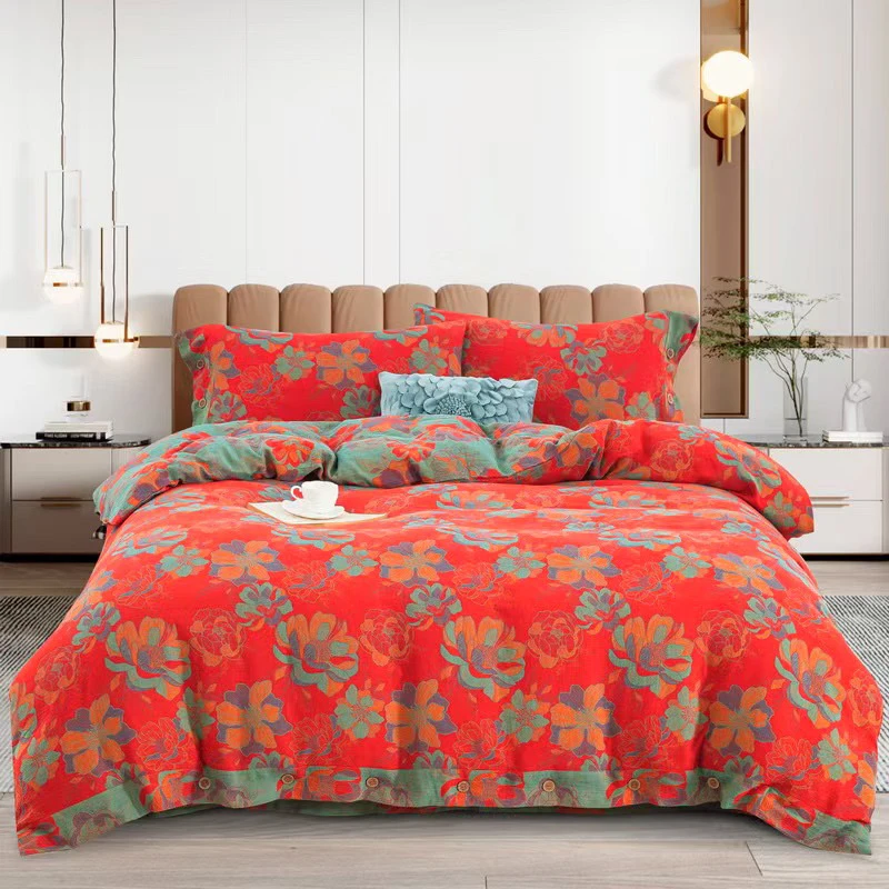 【花意浓】纯棉A类母婴级色织双层纱四件套高品质薇花印花舒适床品