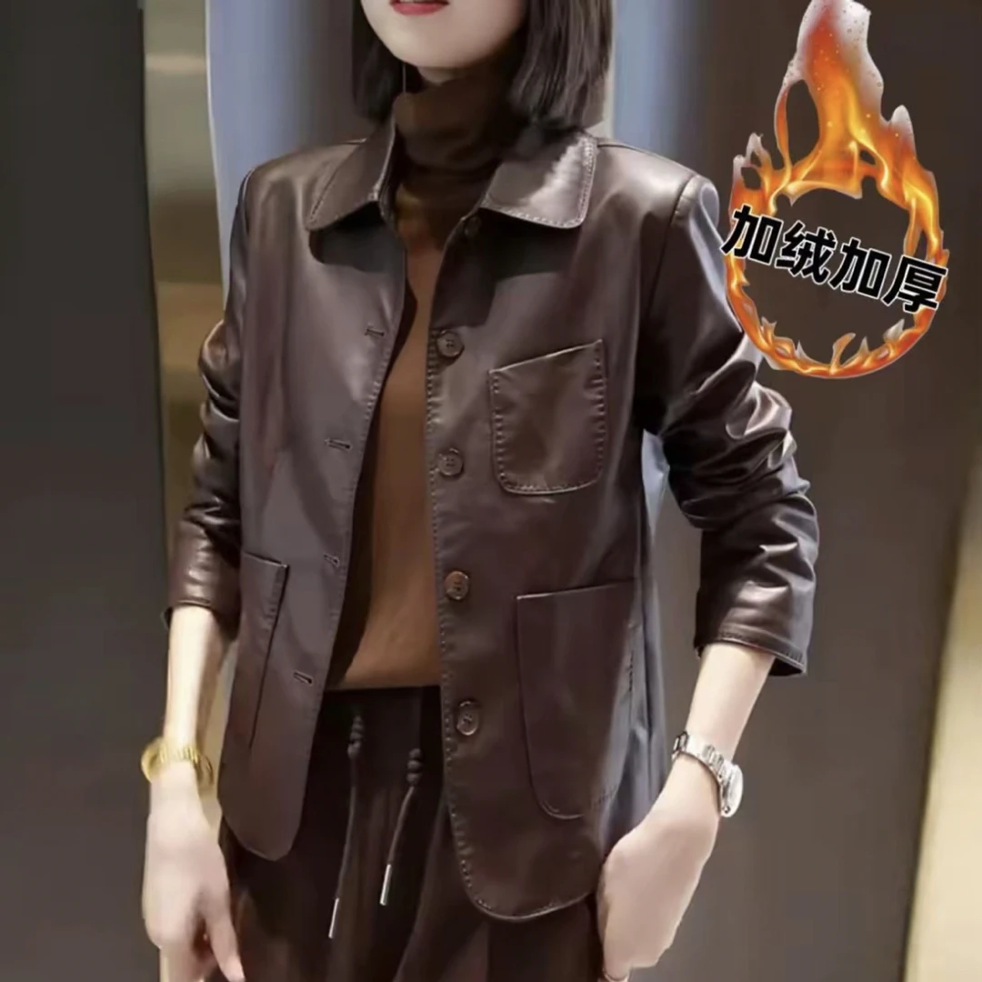 【加绒保暖】海宁正品2025秋冬加绒加厚时尚翻领气质皮衣小个外套女