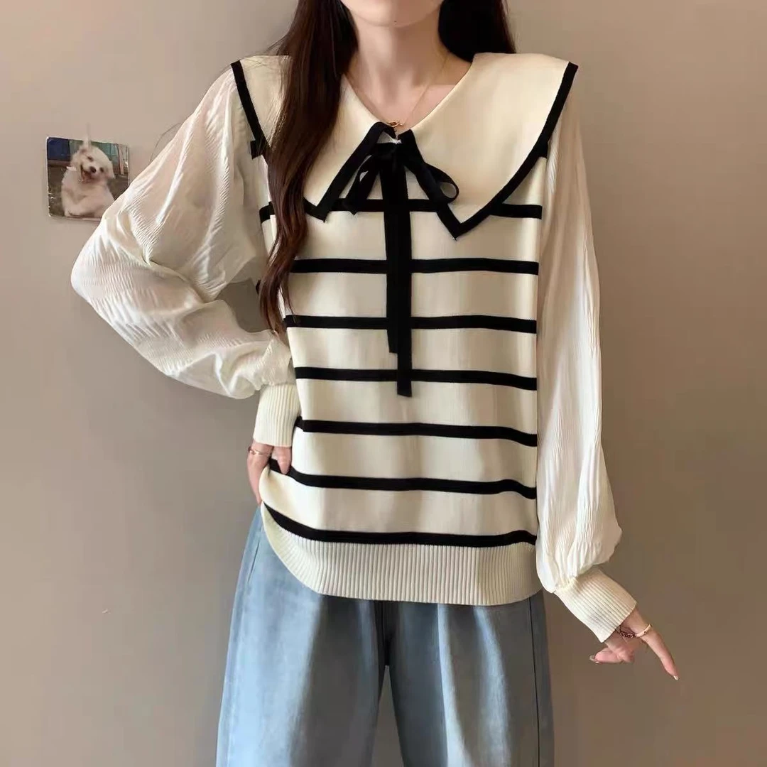 9037#娃娃领条纹针织衫女早春新款大码胖mm法式蝴蝶结上衣毛衣