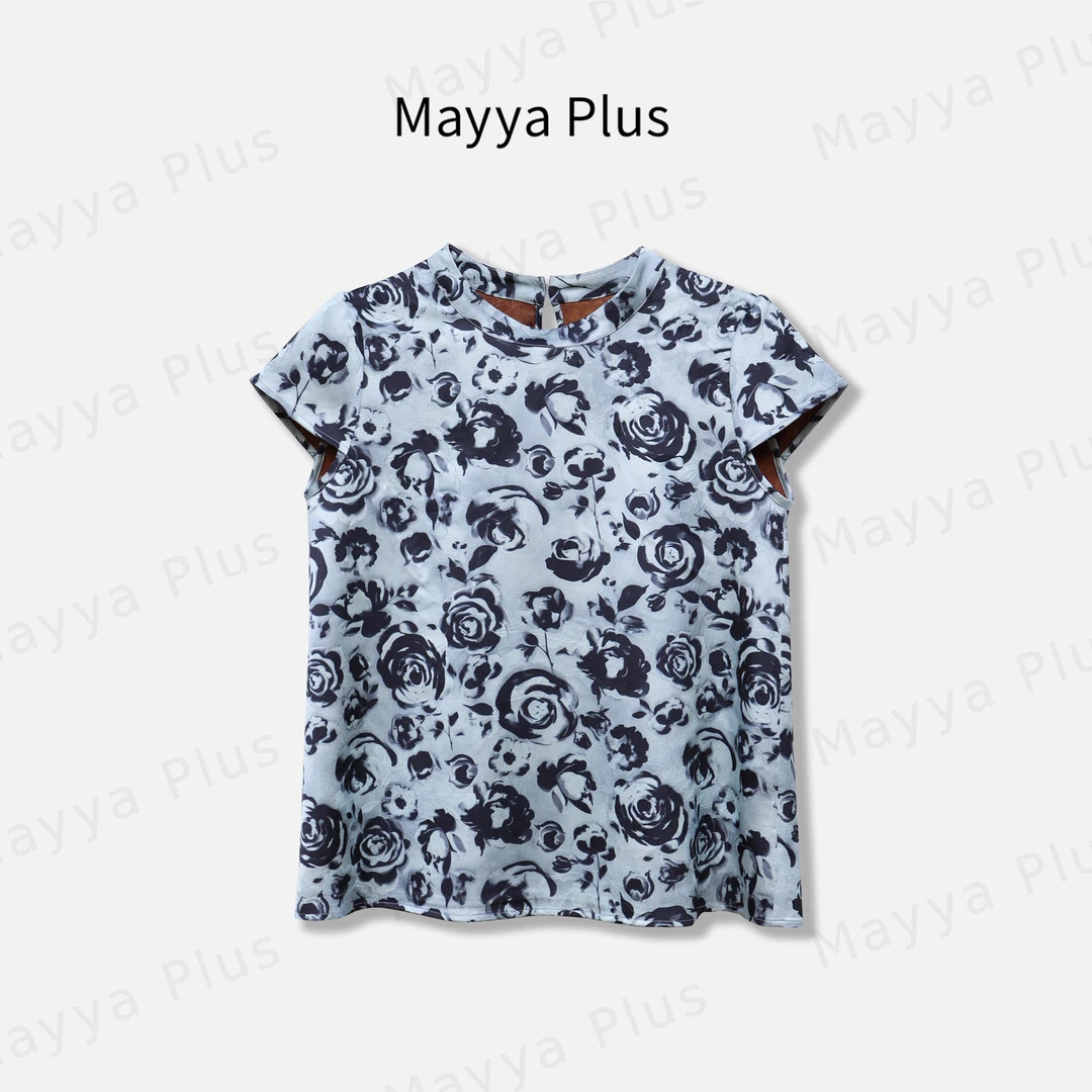 【水墨玫瑰】Mayya Plus麦芽定制国风水墨缎面短袖小衫上衣32528670