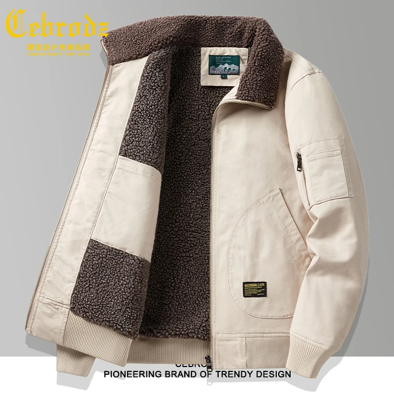 法国Cebrodz中年男士羊羔绒棉服保暖商务夹克加绒加厚外套休闲潮