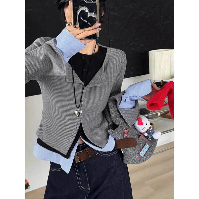 韩系撞色假三件螺纹拼接针织衫女早春气质设计感修身长袖t恤上衣