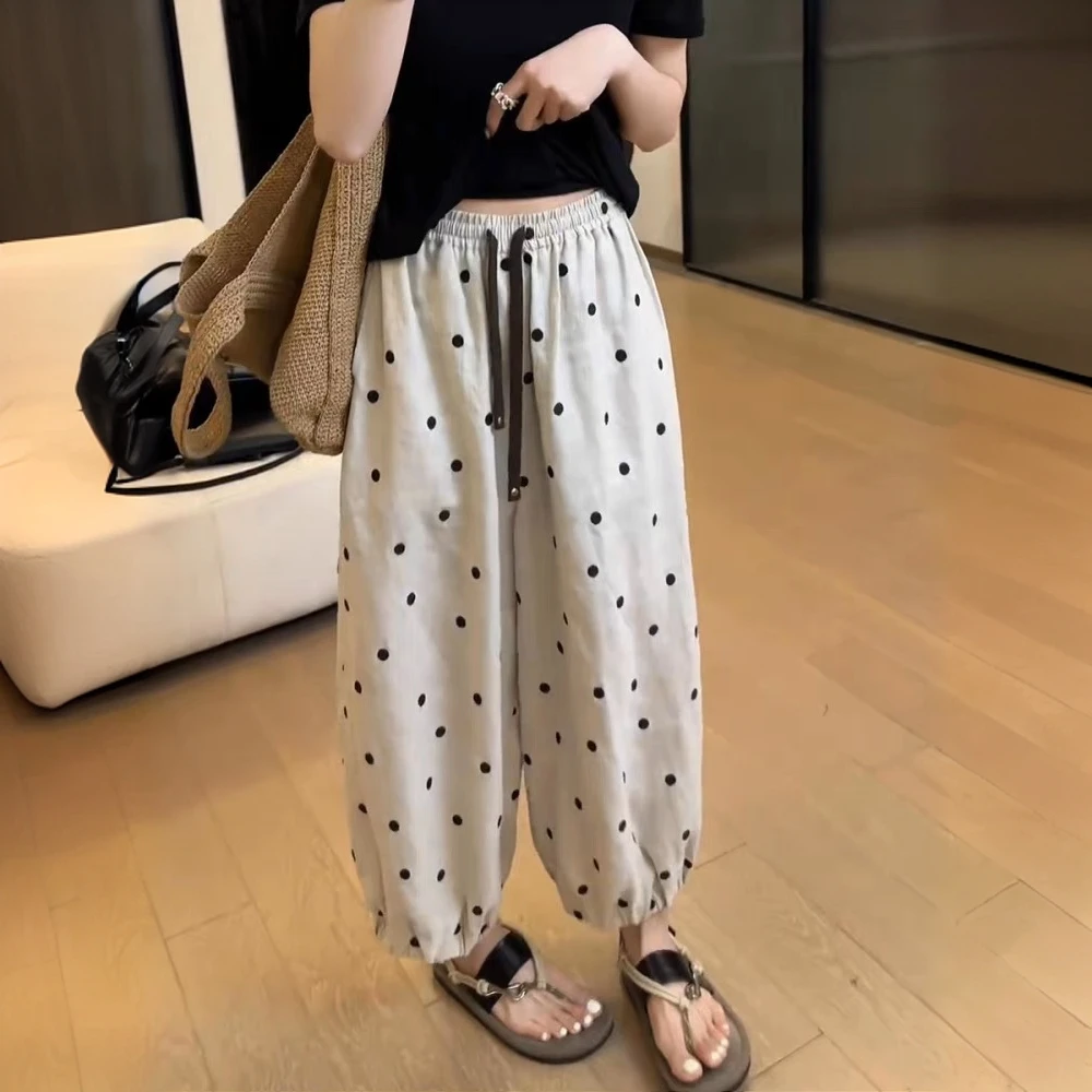 欧货波点抽绳哈伦阔腿裤女2025夏季新款松紧腰宽松显瘦九分休闲裤
