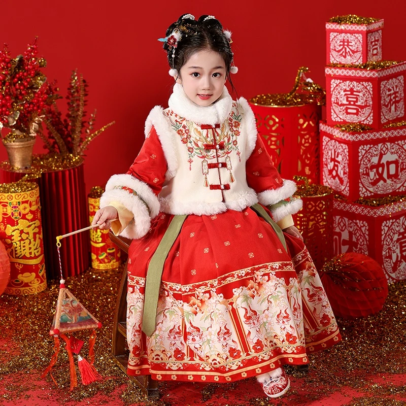 SL3295拜年服女童马面裙套装冬季女宝新款中国风古装儿童汉服冬款
