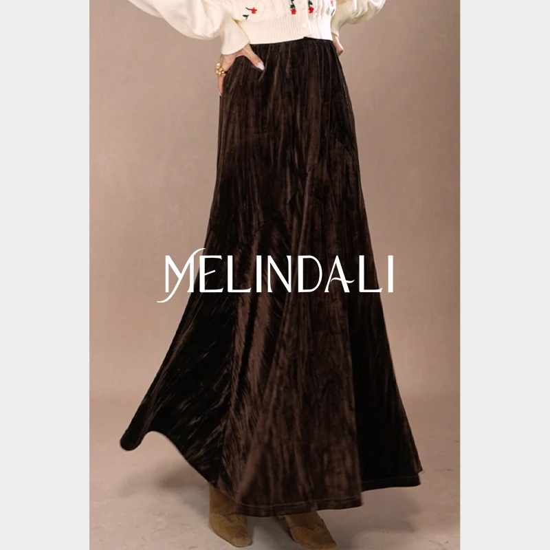 Melinda Li【玛奇朵半裙】法式轻奢光泽钻石丝绒拼接橡筋腰A字半裙