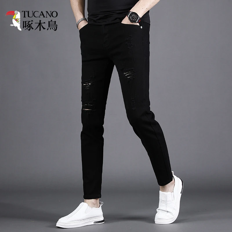 TUCANO/啄木鳥男装 时尚潮流纯黑色破洞九分牛仔裤男修身小脚裤子