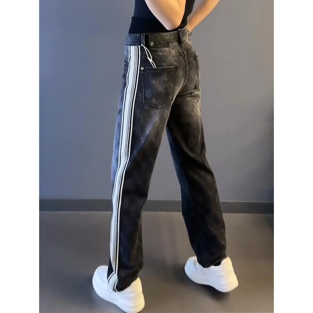 轻奢男装春秋潮牌男士潮时尚新款宽松字母印花牛仔裤直筒休闲长裤