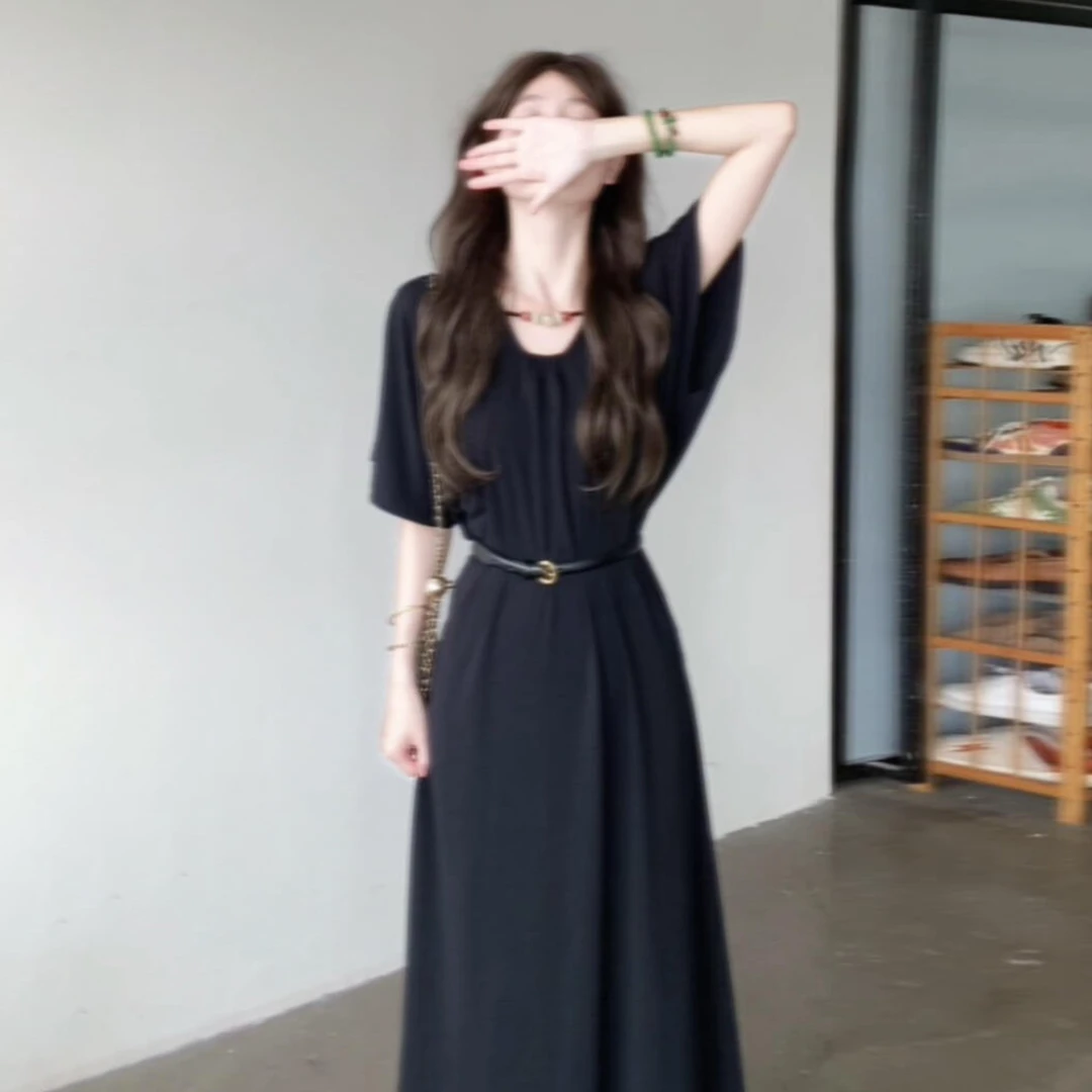 小个子高级感黑色短袖连衣裙子女装夏季2025新款简单大方气质长裙