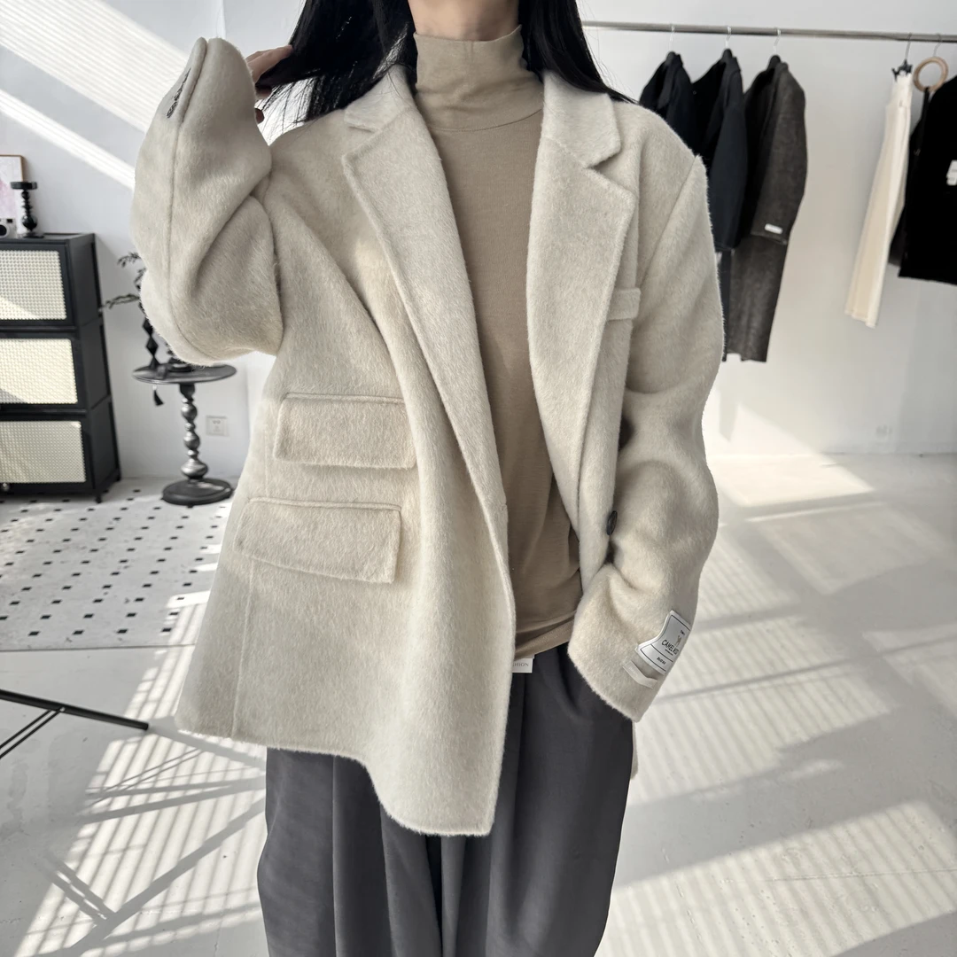 双面羊毛大衣秋冬女短款韩版宽松双兜盖西服外套气质