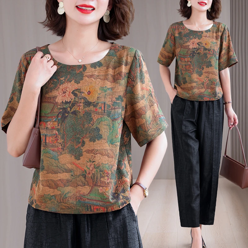 妈妈夏装短袖上衣新中式套装2025新款气质中老年女装阔腿裤两件套