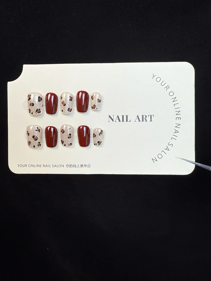 酒红香槟金跳色纯手工穿戴甲金秋猫眼用品豹纹美甲美甲穿戴甲片
