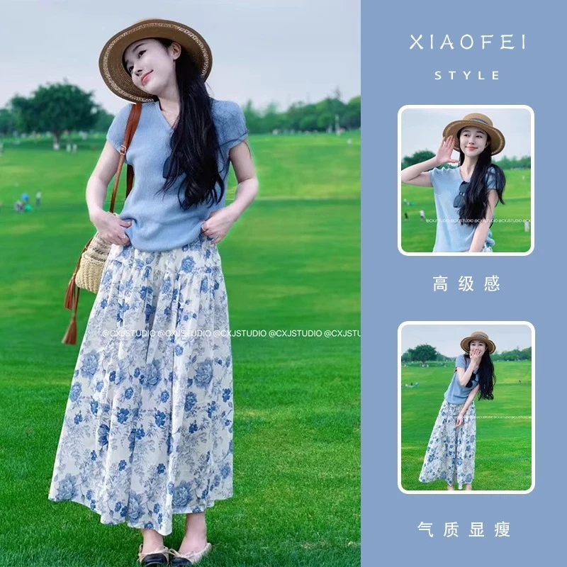 夏季女装2025新款减龄穿搭配一整套时尚独特漂亮连衣裙子两件套装