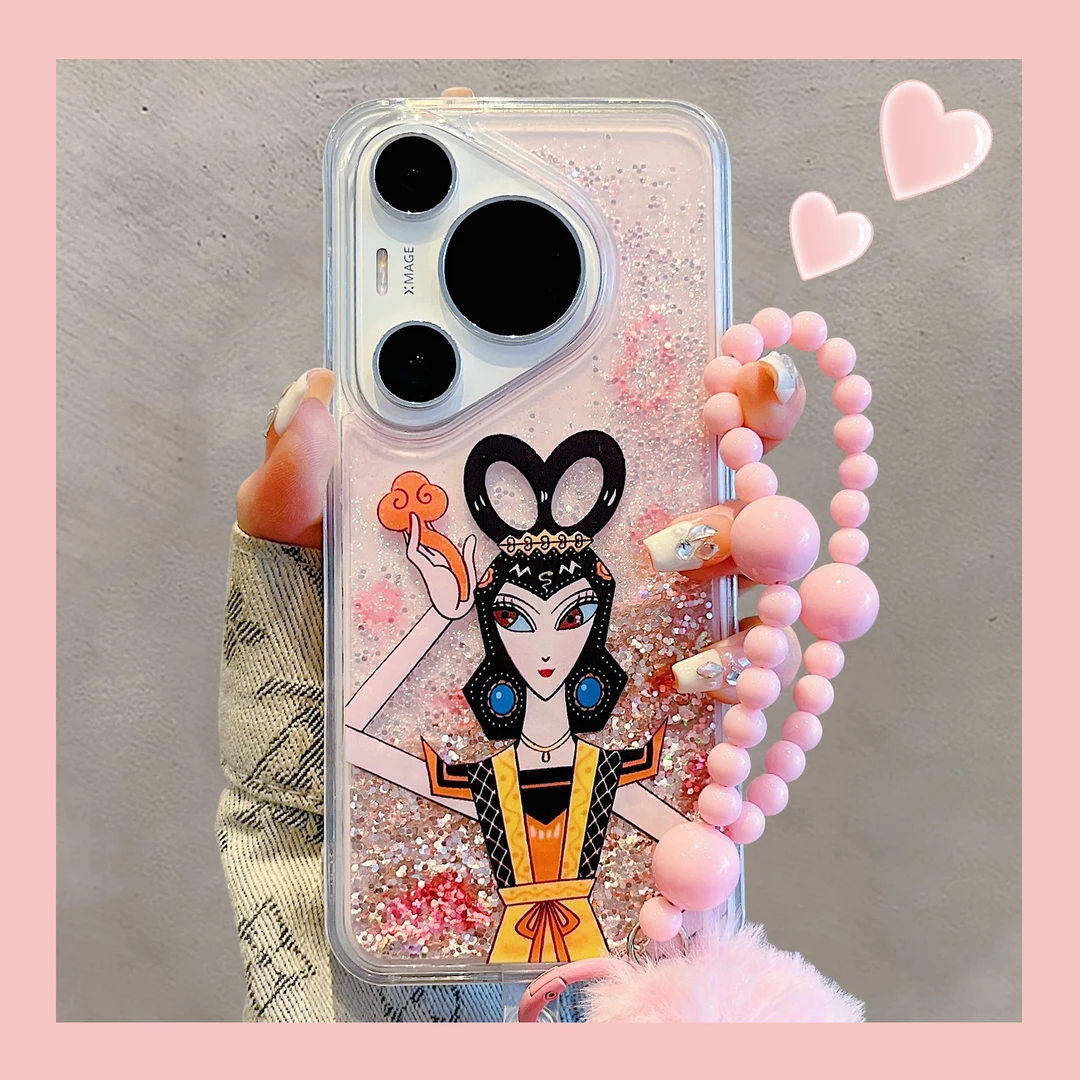 适用华为pura70pro+手机壳新年ins粉色闪粉流沙蛇精mate70pro新款