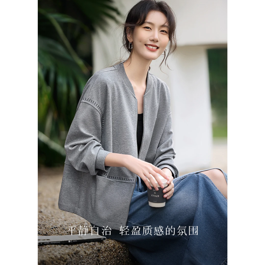 XWI/欣未撞色刺绣装饰卫衣2025秋季女款轻休闲时尚百搭棒球领外套