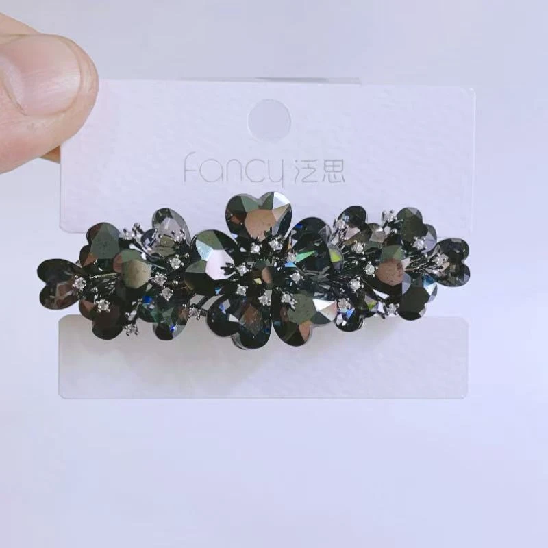 高档矿黑花朵头饰头花时尚轻奢一字夹小号弹簧夹女半扎发马尾发夹